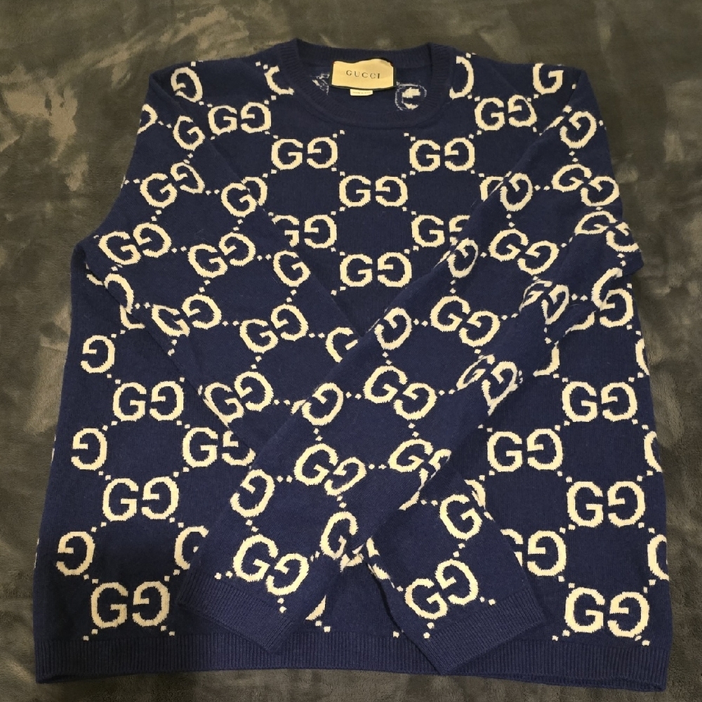 Gucci GG Monogram Navy Crewneck Sweater | Men’s Designer Knit | Size L